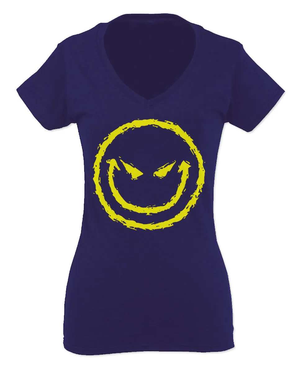 VICES AND VIRTUESS Funny Cool Graphic Evil Smile Workout trainig Gym Fitness For Women V neck fitted T Shirt