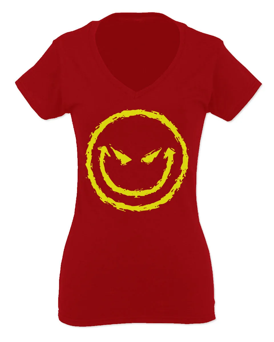 VICES AND VIRTUESS Funny Cool Graphic Evil Smile Workout trainig Gym Fitness For Women V neck fitted T Shirt