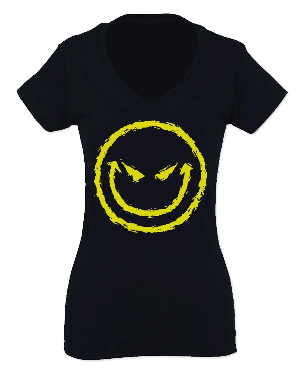 VICES AND VIRTUESS Funny Cool Graphic Evil Smile Workout trainig Gym Fitness For Women V neck fitted T Shirt