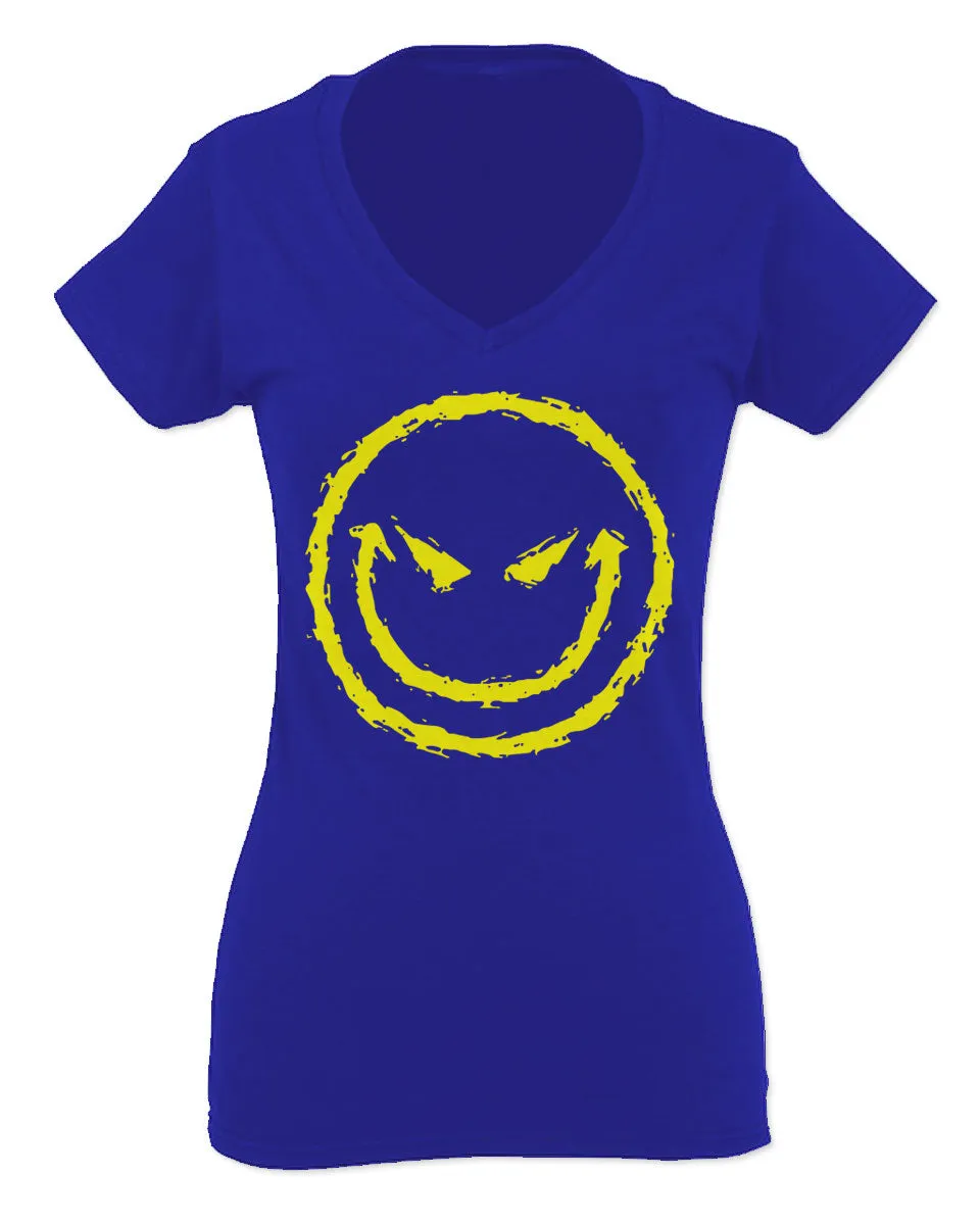 VICES AND VIRTUESS Funny Cool Graphic Evil Smile Workout trainig Gym Fitness For Women V neck fitted T Shirt