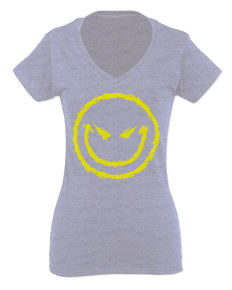 VICES AND VIRTUESS Funny Cool Graphic Evil Smile Workout trainig Gym Fitness For Women V neck fitted T Shirt