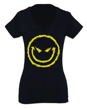 VICES AND VIRTUESS Funny Cool Graphic Evil Smile Workout trainig Gym Fitness For Women V neck fitted T Shirt