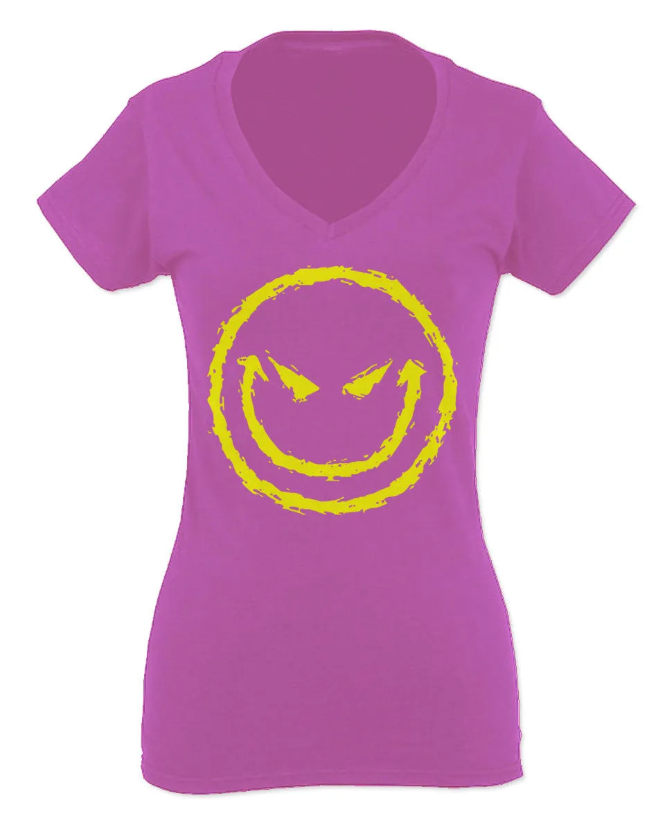 VICES AND VIRTUESS Funny Cool Graphic Evil Smile Workout trainig Gym Fitness For Women V neck fitted T Shirt