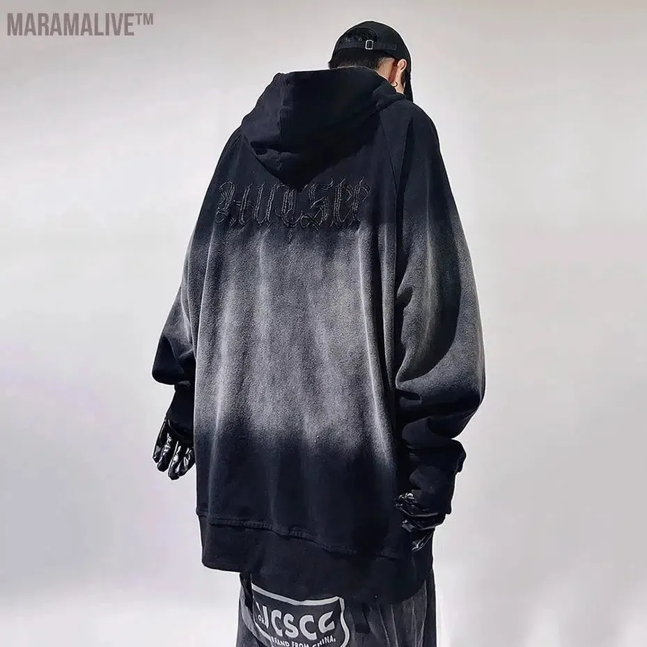Vintage Streetwear Hoodies Embroidery Letter Oversized Hip Hop Hoodie Zip Up Sweatshirts Jackets Men's Fashion Loose Tracksuits