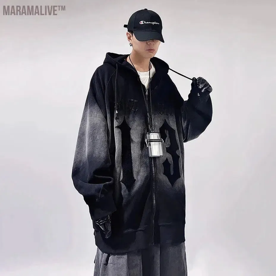 Vintage Streetwear Hoodies Embroidery Letter Oversized Hip Hop Hoodie Zip Up Sweatshirts Jackets Men's Fashion Loose Tracksuits