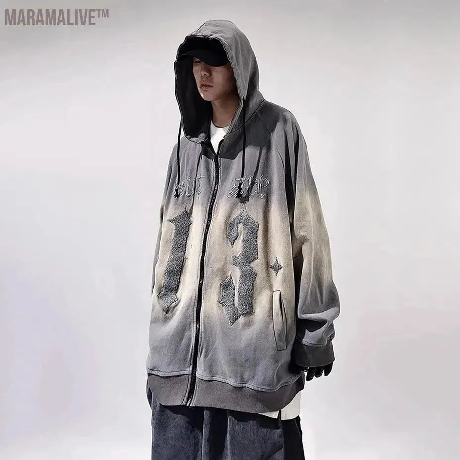 Vintage Streetwear Hoodies Embroidery Letter Oversized Hip Hop Hoodie Zip Up Sweatshirts Jackets Men's Fashion Loose Tracksuits