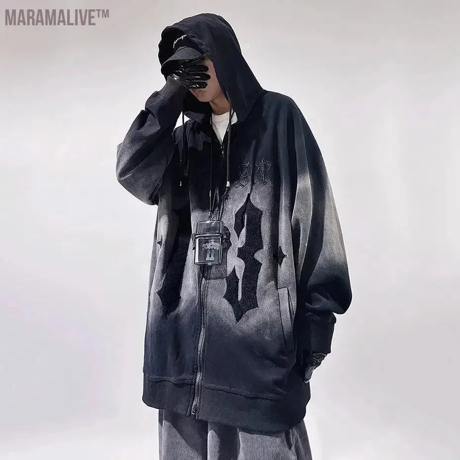 Vintage Streetwear Hoodies Embroidery Letter Oversized Hip Hop Hoodie Zip Up Sweatshirts Jackets Men's Fashion Loose Tracksuits