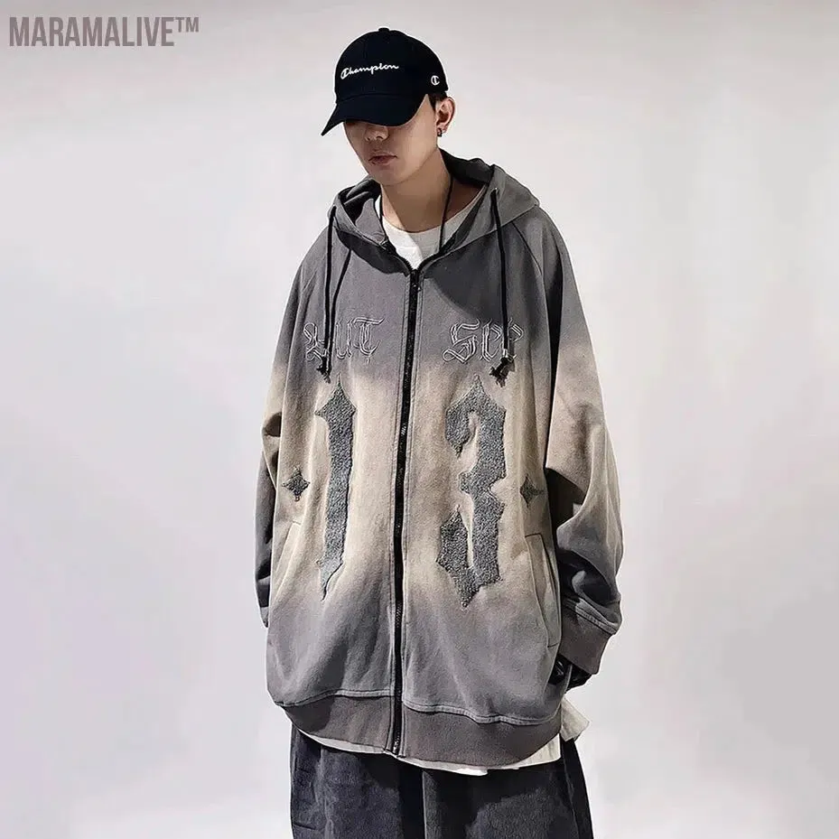 Vintage Streetwear Hoodies Embroidery Letter Oversized Hip Hop Hoodie Zip Up Sweatshirts Jackets Men's Fashion Loose Tracksuits