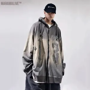Vintage Streetwear Hoodies Embroidery Letter Oversized Hip Hop Hoodie Zip Up Sweatshirts Jackets Men's Fashion Loose Tracksuits
