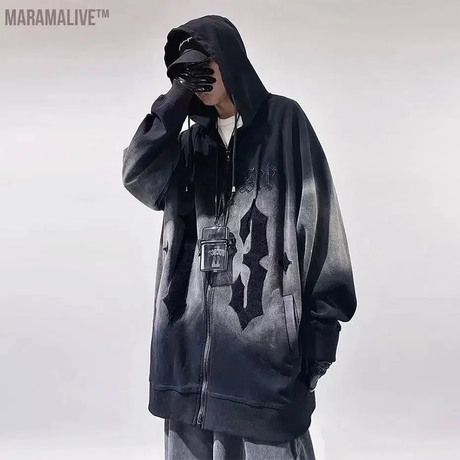 Vintage Streetwear Hoodies Embroidery Letter Oversized Hip Hop Hoodie Zip Up Sweatshirts Jackets Men's Fashion Loose Tracksuits