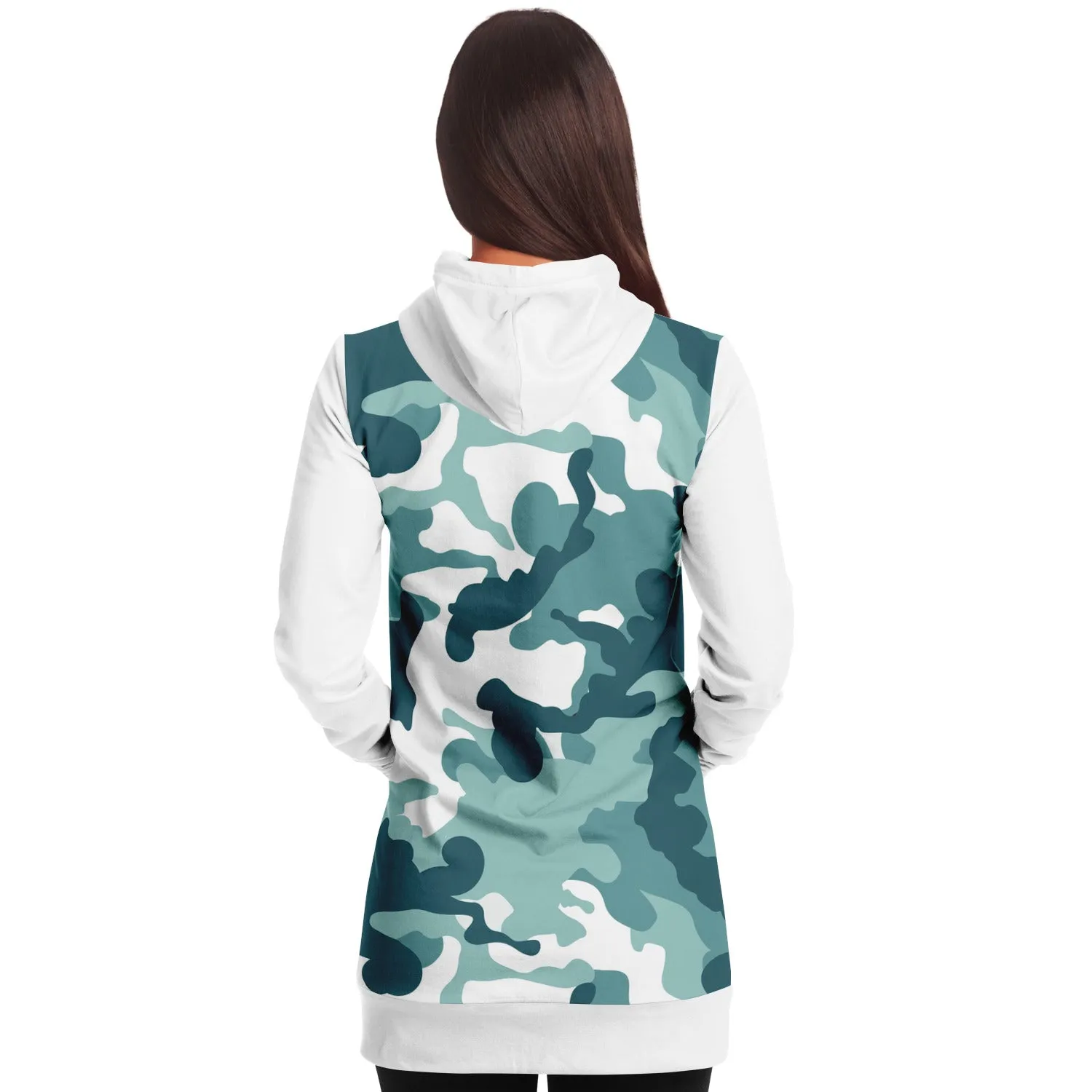 White and Minty Teal Camouflage Pattern Longline Hoodie Dress With Solid White Sleeves, Pocket and Hood