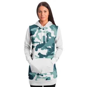 White and Minty Teal Camouflage Pattern Longline Hoodie Dress With Solid White Sleeves, Pocket and Hood