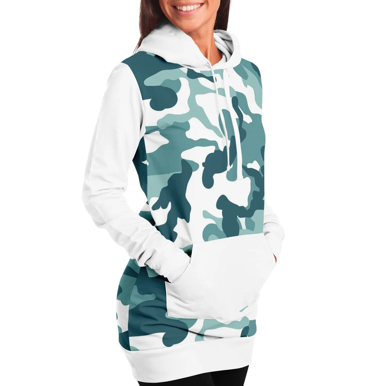 White and Minty Teal Camouflage Pattern Longline Hoodie Dress With Solid White Sleeves, Pocket and Hood