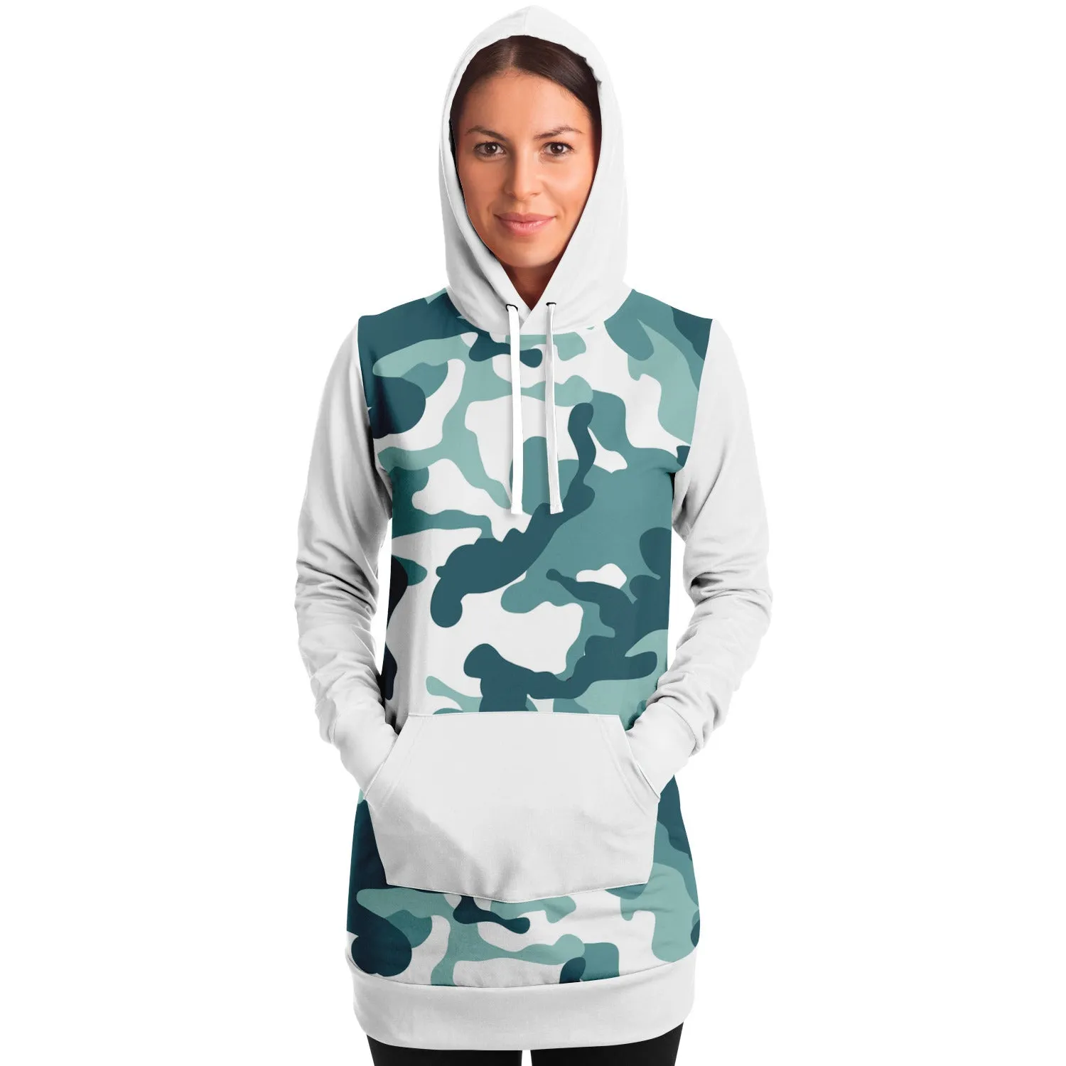 White and Minty Teal Camouflage Pattern Longline Hoodie Dress With Solid White Sleeves, Pocket and Hood