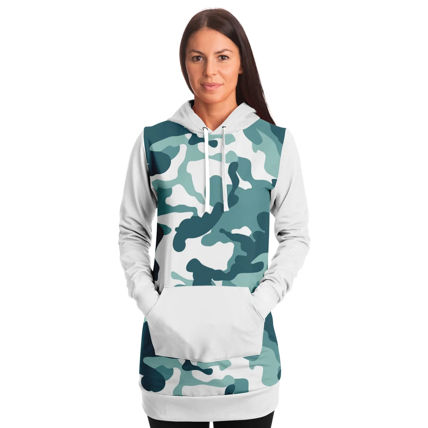 White and Minty Teal Camouflage Pattern Longline Hoodie Dress With Solid White Sleeves, Pocket and Hood