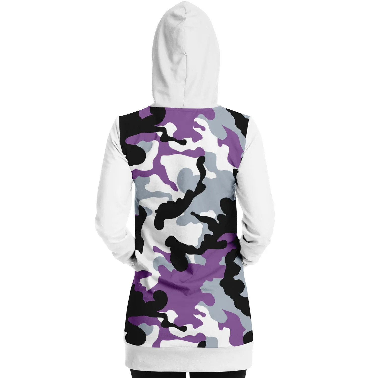 White and Purple Camouflage Longline Hoodie Dress With Solid White Sleeves, Pocket and Hood