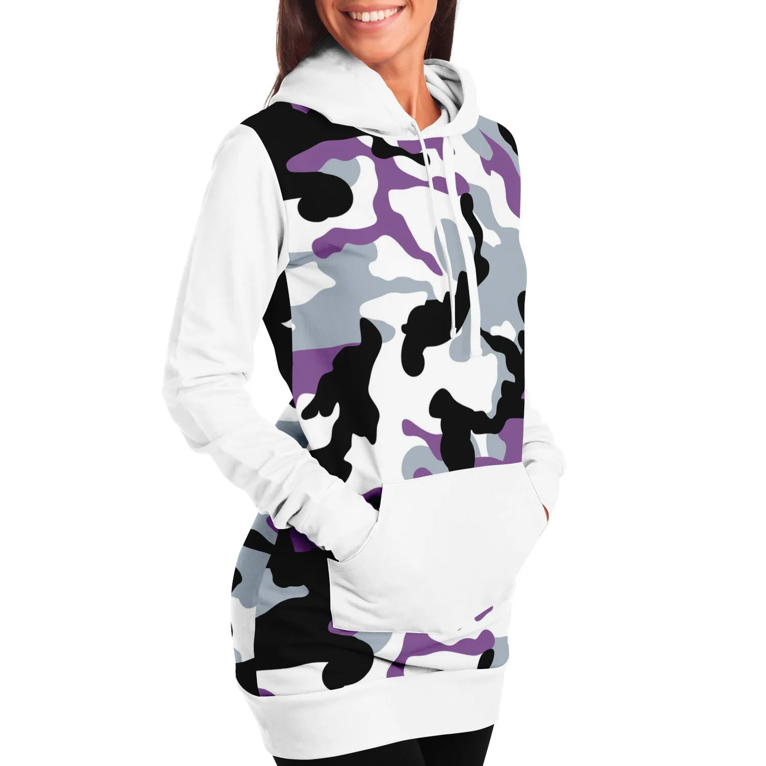 White and Purple Camouflage Longline Hoodie Dress With Solid White Sleeves, Pocket and Hood