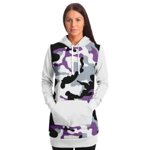 White and Purple Camouflage Longline Hoodie Dress With Solid White Sleeves, Pocket and Hood