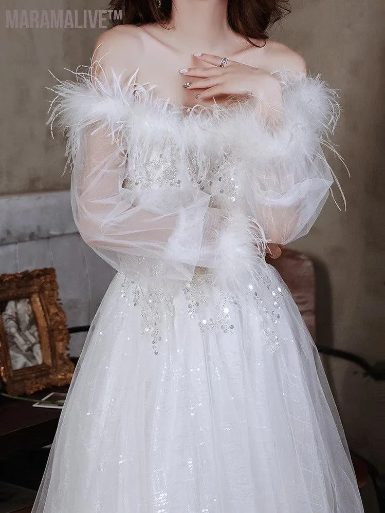 White Feather Evening Dress Lady