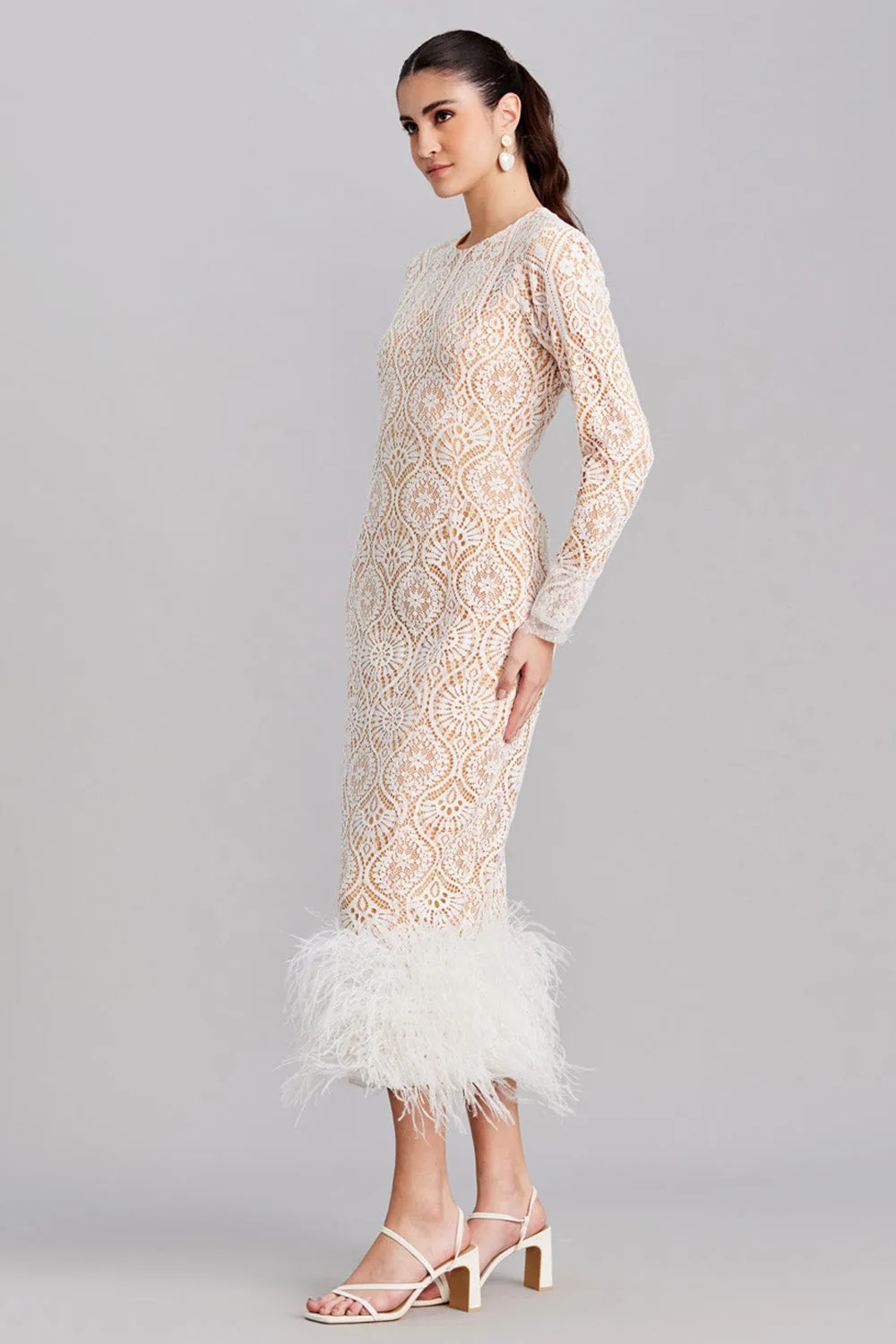 White Lace Feather Midi Dress