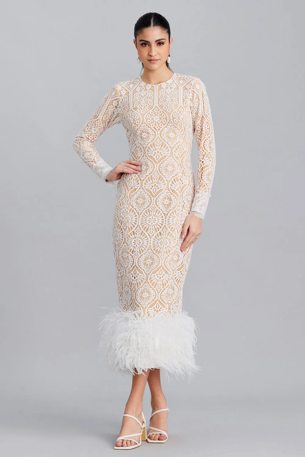 White Lace Feather Midi Dress