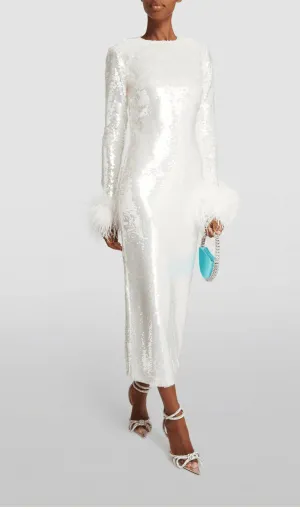 WHITE LONG SLEEVE FEATHER SEQUINNED MIDI DRESS