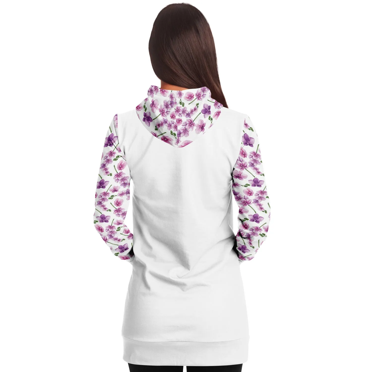 White Longline Hoodie Dress With Pink Orchid Flower Pattern Sleeves, Hood and Pocket
