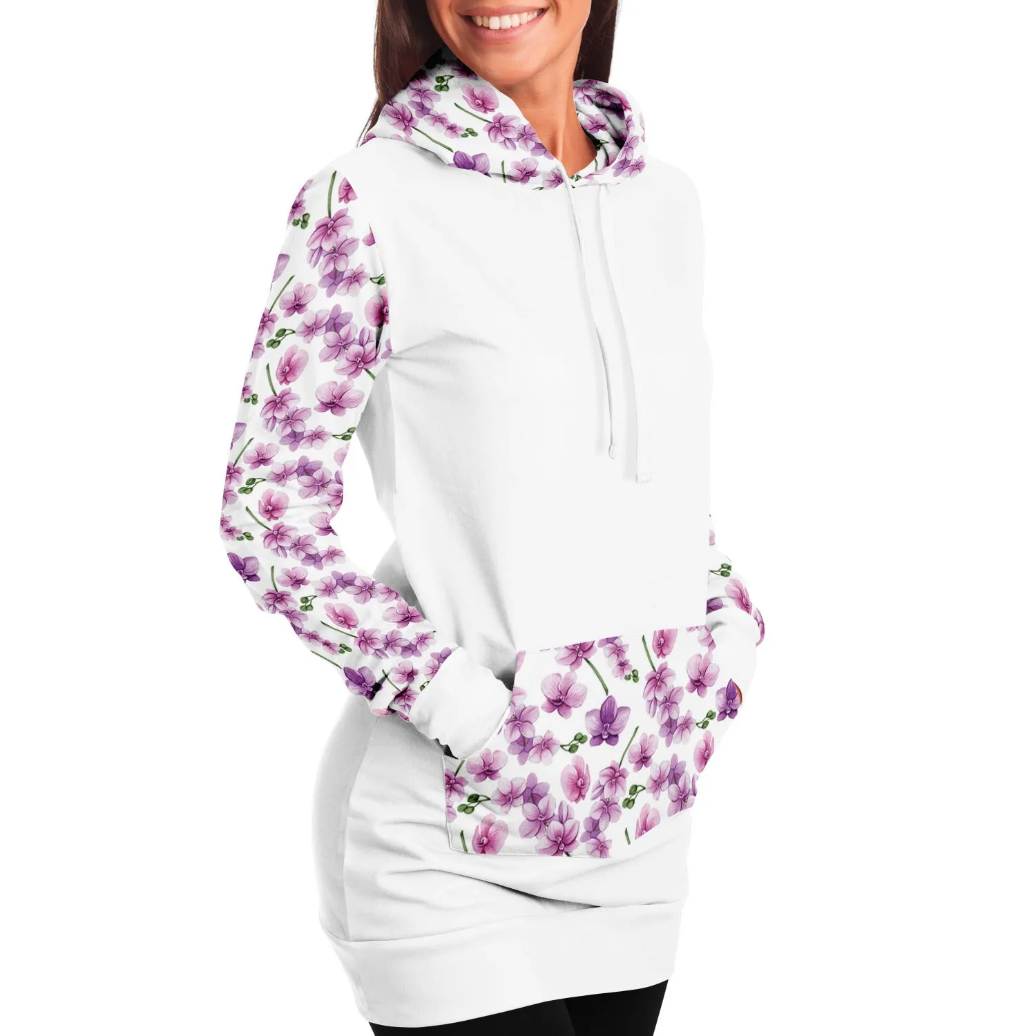 White Longline Hoodie Dress With Pink Orchid Flower Pattern Sleeves, Hood and Pocket