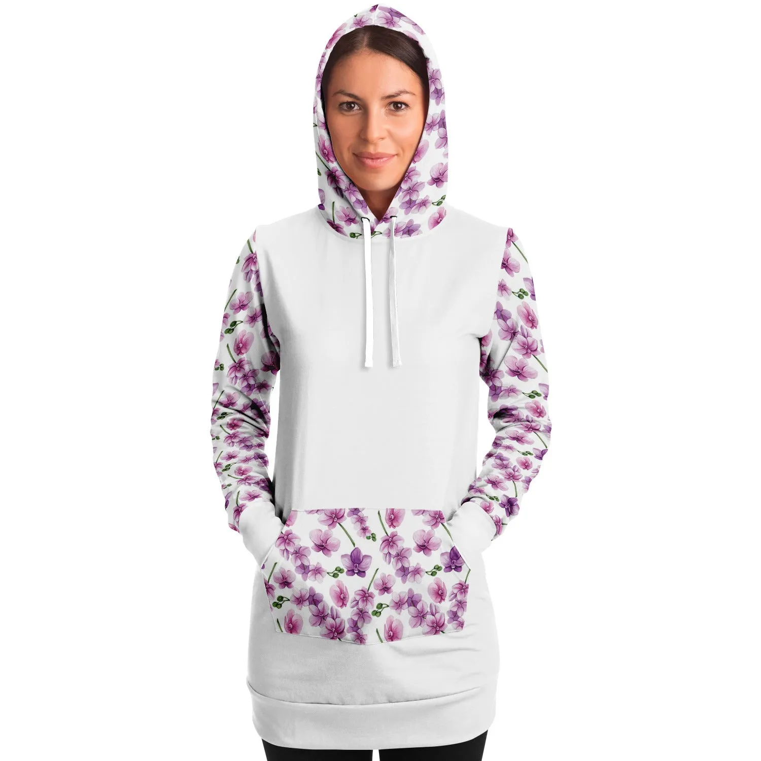 White Longline Hoodie Dress With Pink Orchid Flower Pattern Sleeves, Hood and Pocket
