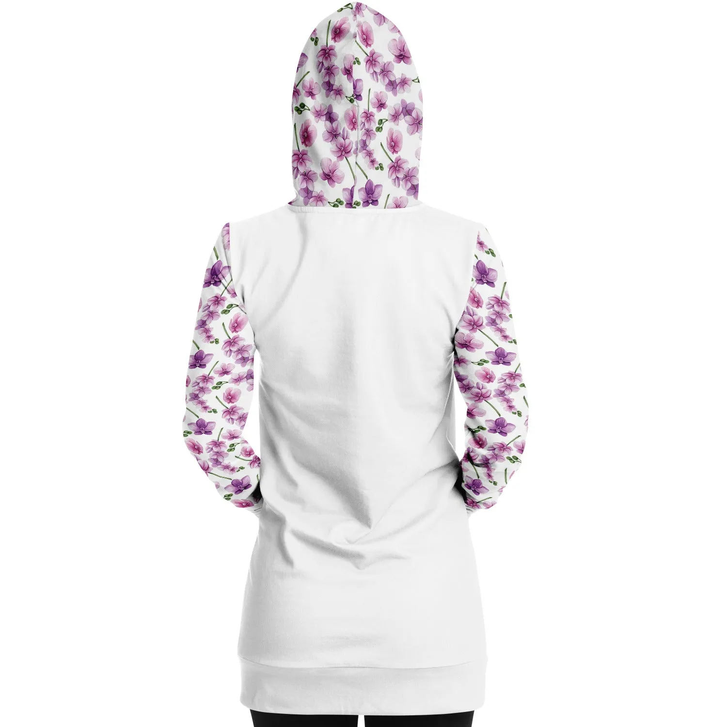 White Longline Hoodie Dress With Pink Orchid Flower Pattern Sleeves, Hood and Pocket