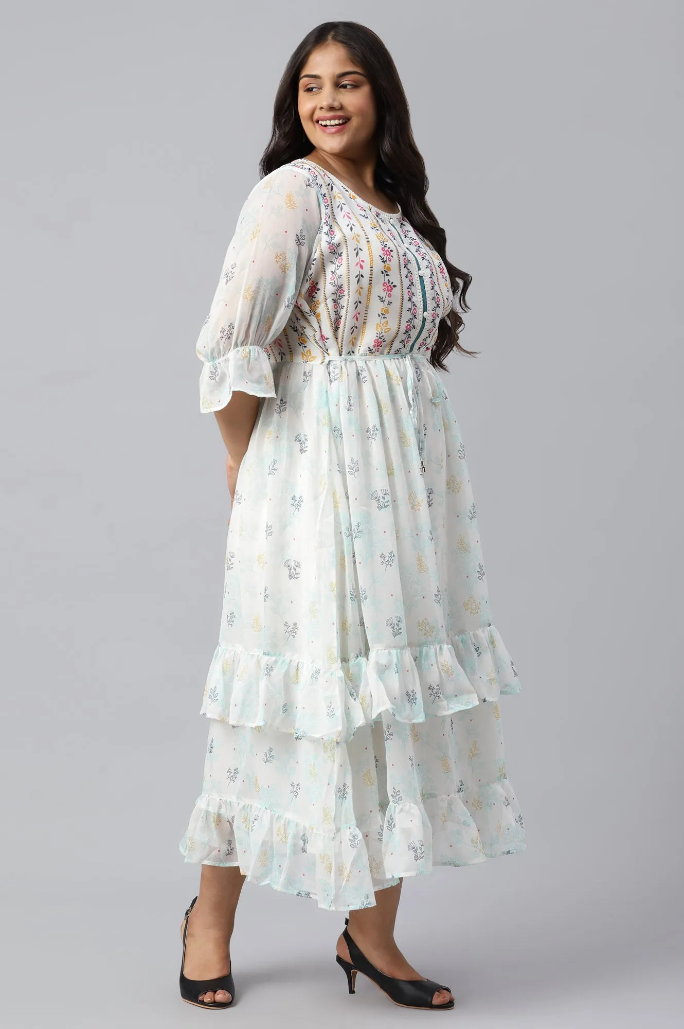 White Ruffle Plus Size Dress in Round Neck