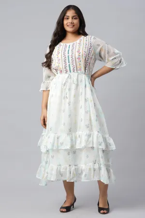 White Ruffle Plus Size Dress in Round Neck