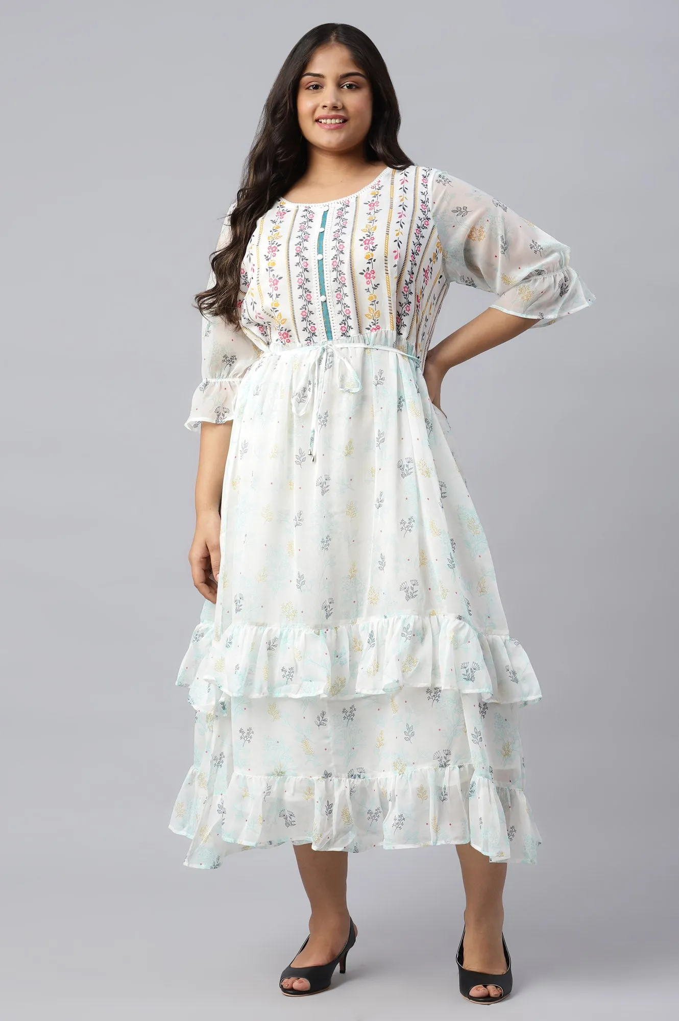 White Ruffle Plus Size Dress in Round Neck