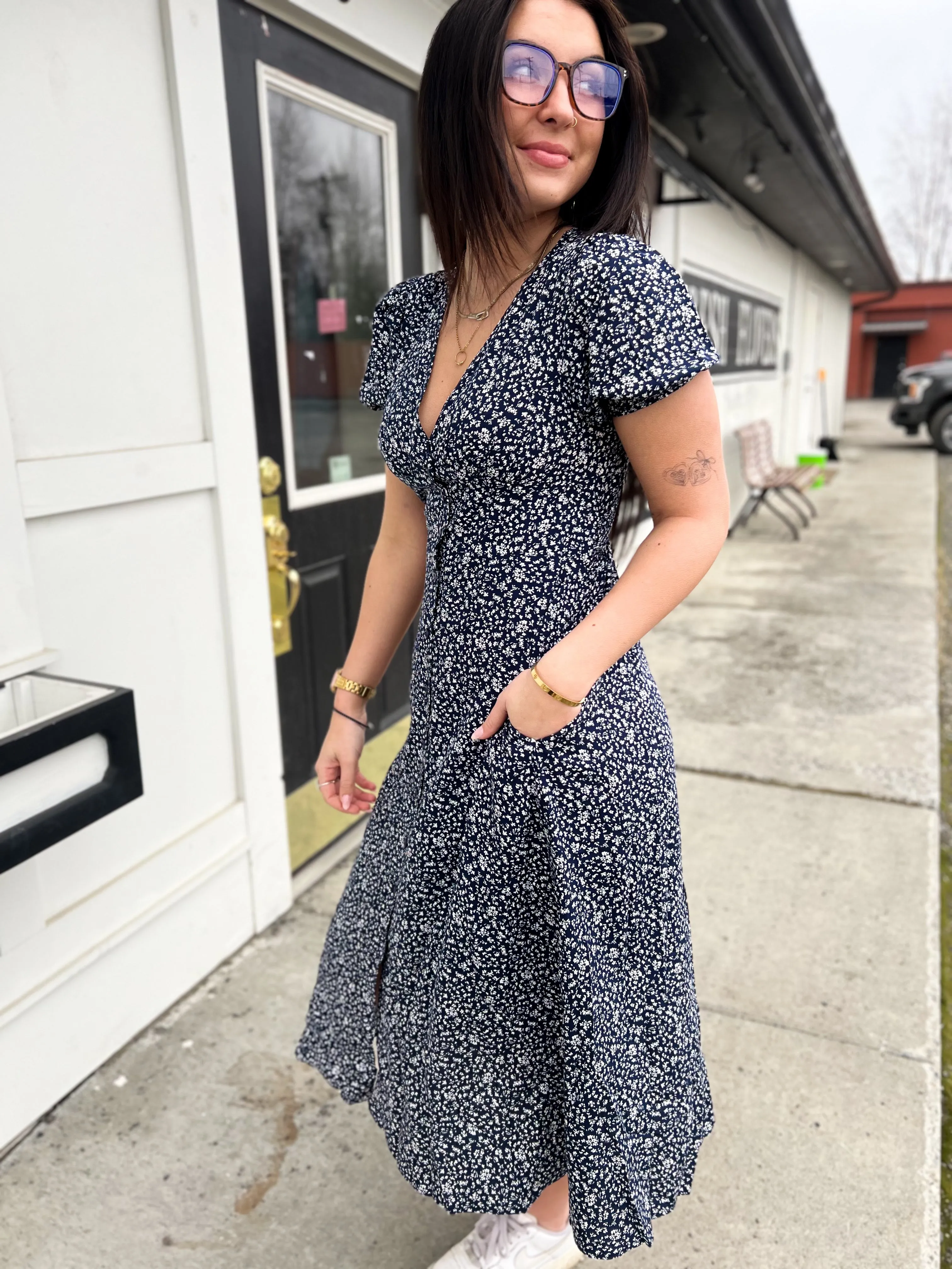 Whitney Ditsy Floral S/S Dress- Navy