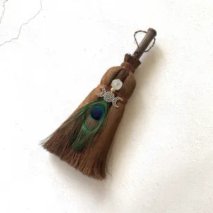 Witch decoration broom feather crystal three-phase moon pendant natural palm Wicca broom altar Home Banish Evil Pagan