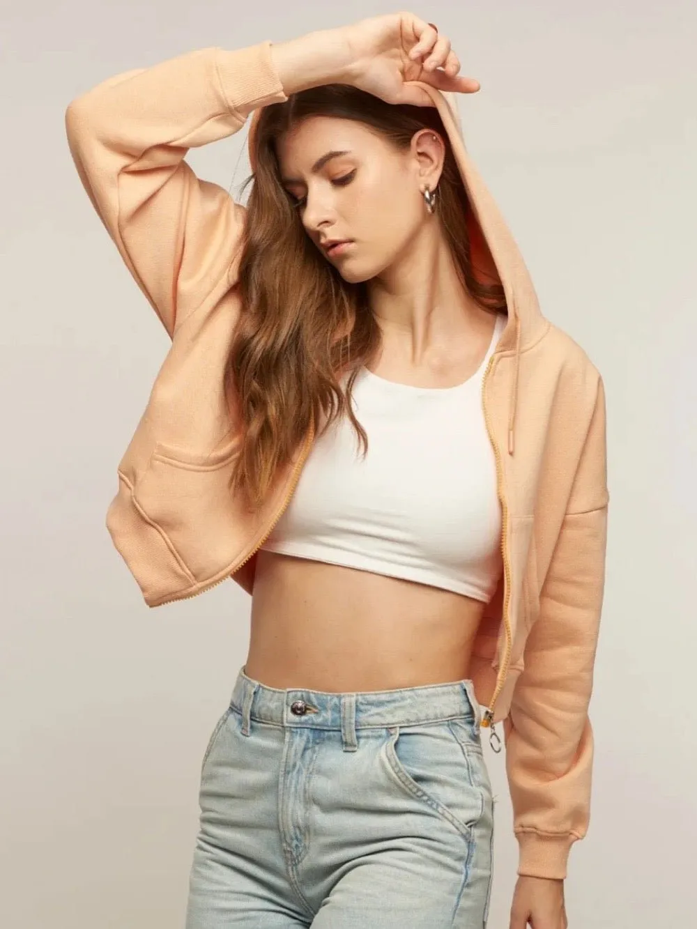 Women and Girls Hoodies|Full Sleeve|Loose fit Solid |100% Cotton Peach Color Women Cropped Oversized Hoodies