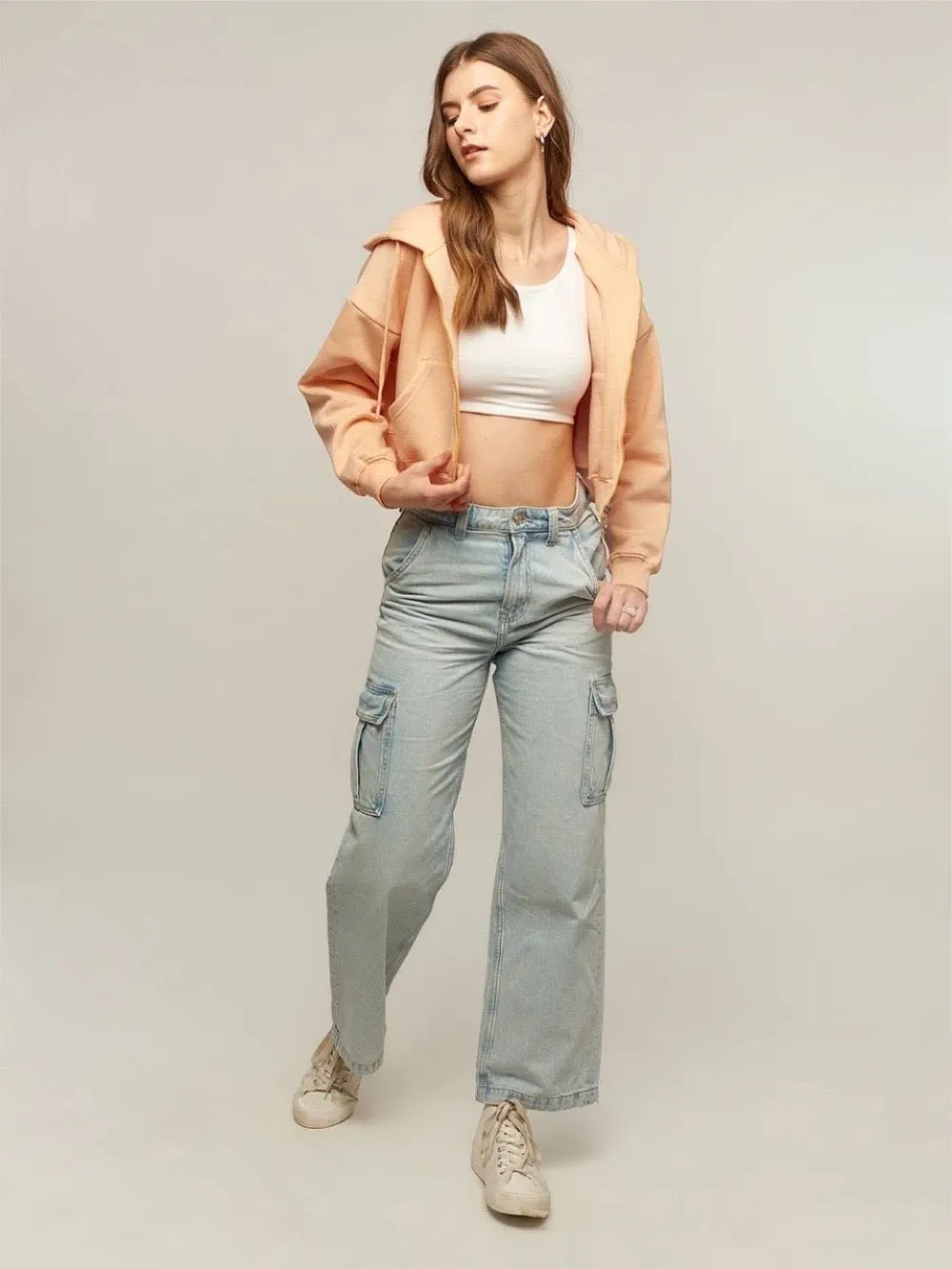 Women and Girls Hoodies|Full Sleeve|Loose fit Solid |100% Cotton Peach Color Women Cropped Oversized Hoodies