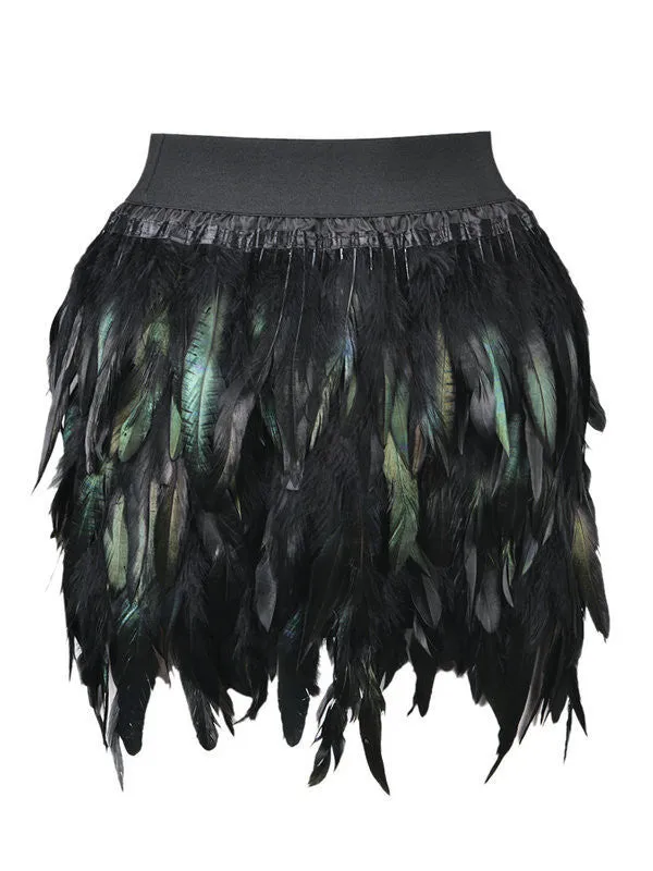 Women Feather Mini Skirt Elastic Waist High Street Above Knee