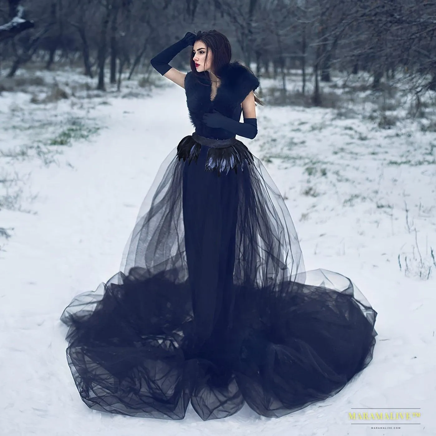 Women's Gothic Black Mesh Natural Feather Skirt and Floor Length Long Tulle Dress