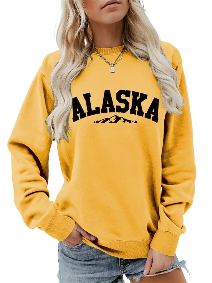 Women's Simple Alaska Range Print Crew Neck Hoodies