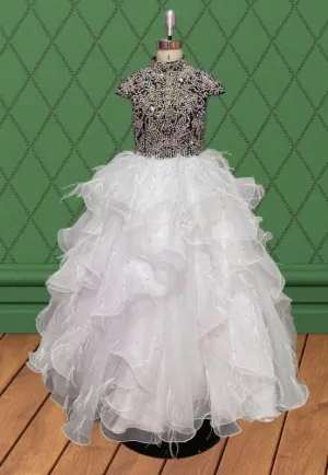 Young Girls White Glitter Pageant Dress with Feather