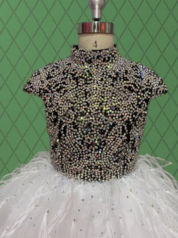 Young Girls White Glitter Pageant Dress with Feather