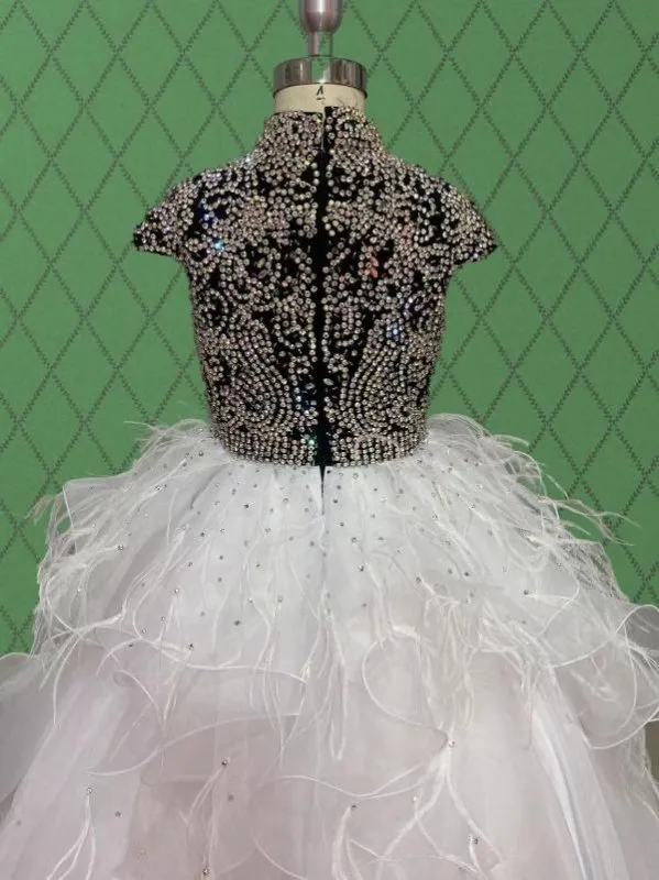 Young Girls White Glitter Pageant Dress with Feather