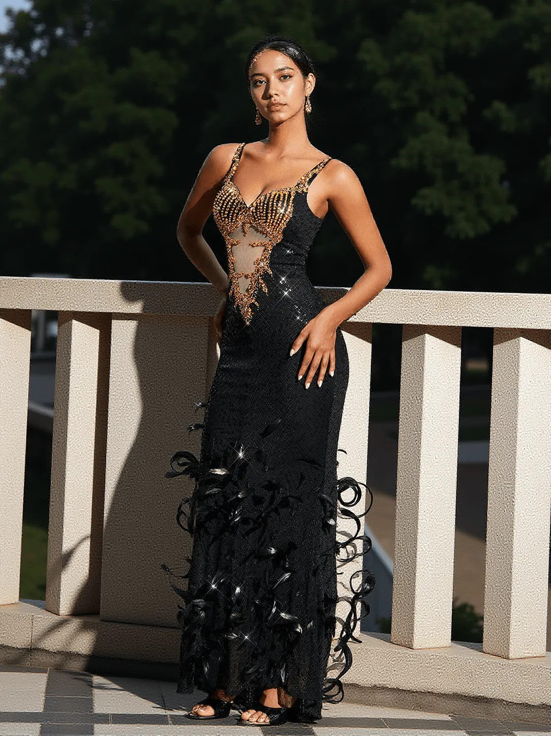 Zane Cutout Rhinestone Feather Sequin Dress