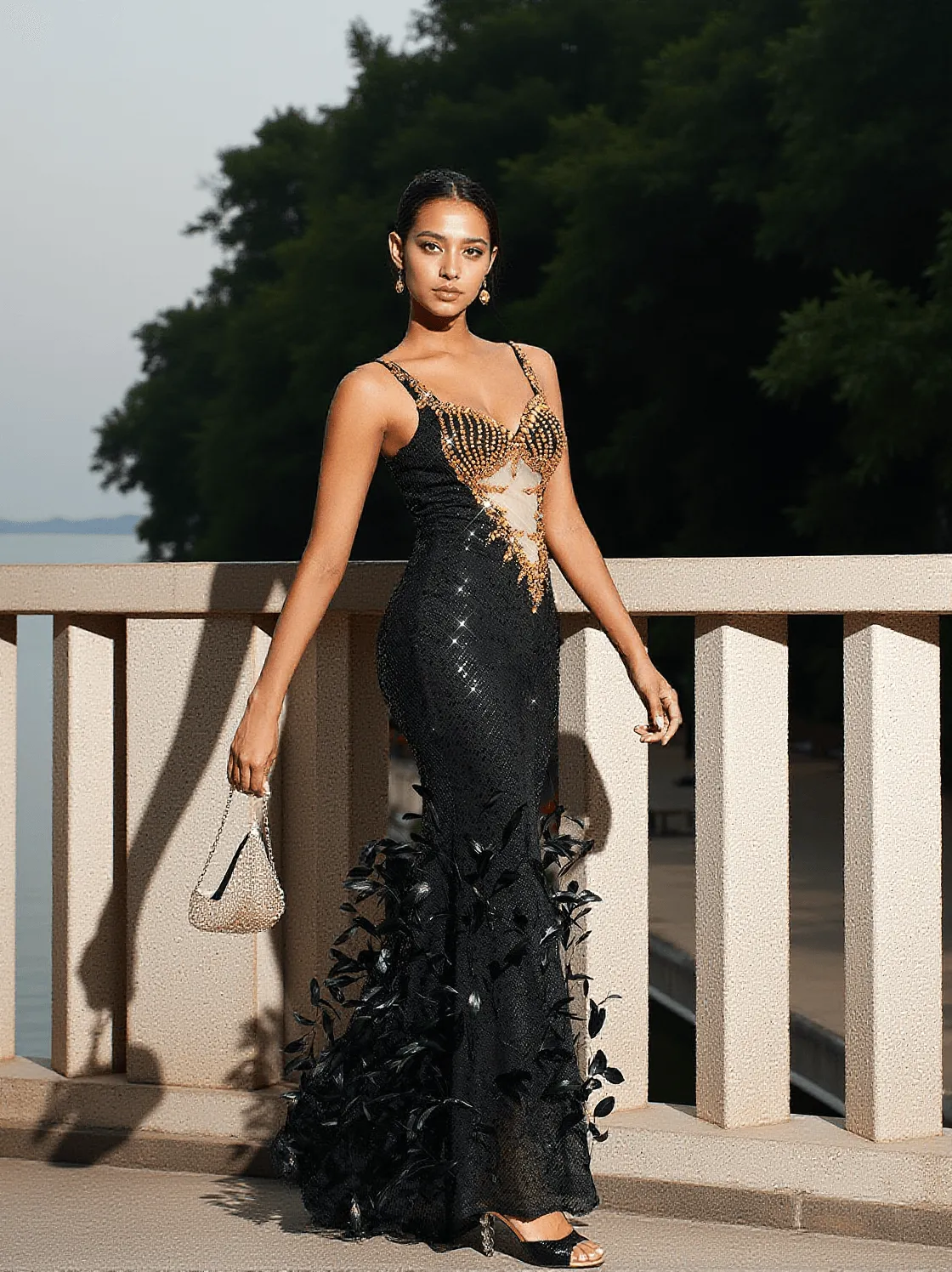 Zane Cutout Rhinestone Feather Sequin Dress